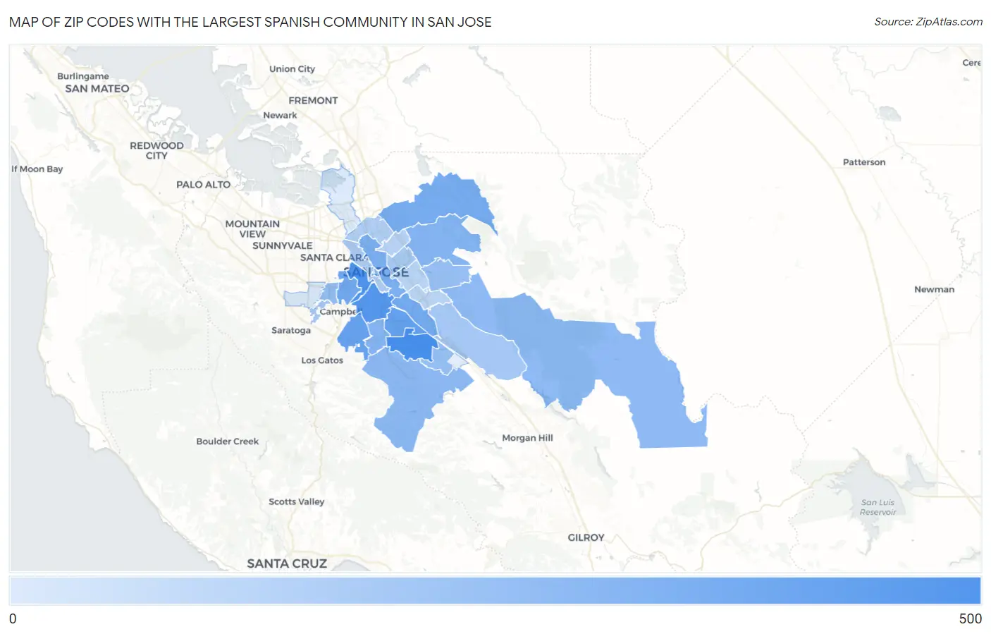 Zip Codes with the Largest Spanish Community in San Jose Map
