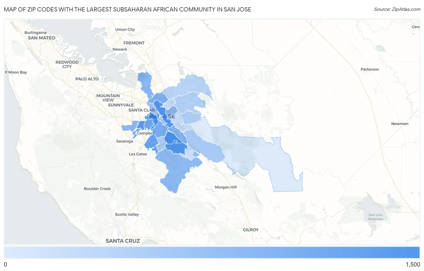 Zip Codes with the Largest Subsaharan African Community in San Jose Map