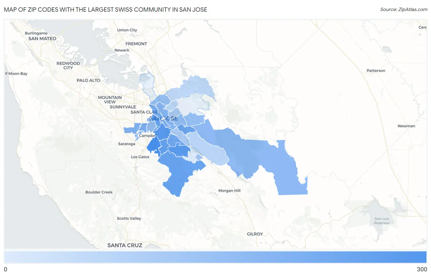 Zip Codes with the Largest Swiss Community in San Jose Map