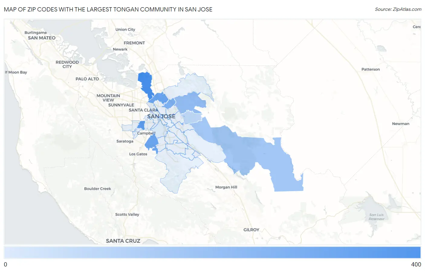 Zip Codes with the Largest Tongan Community in San Jose Map
