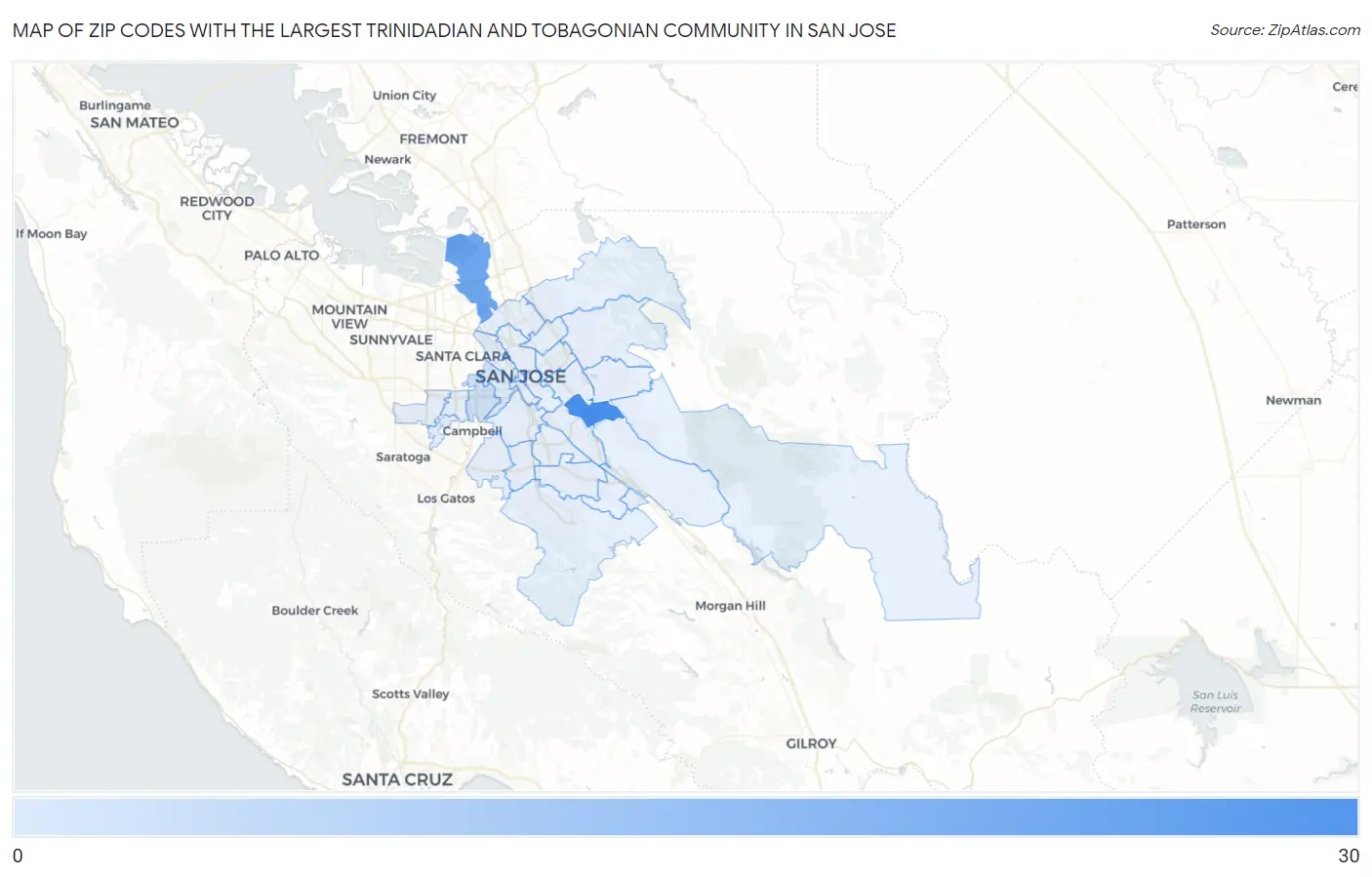 Zip Codes with the Largest Trinidadian and Tobagonian Community in San Jose Map