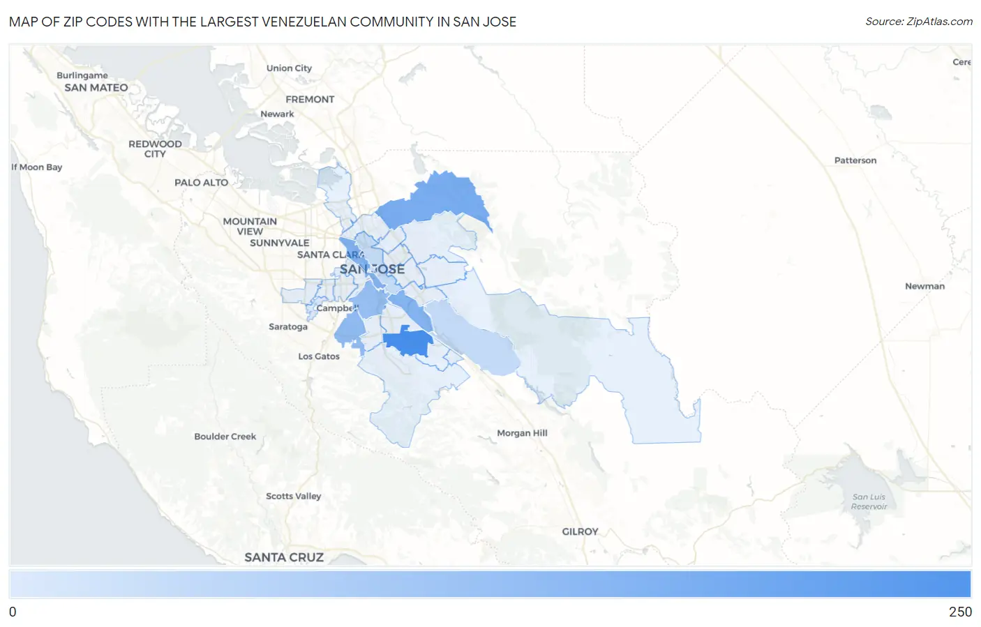 Zip Codes with the Largest Venezuelan Community in San Jose Map