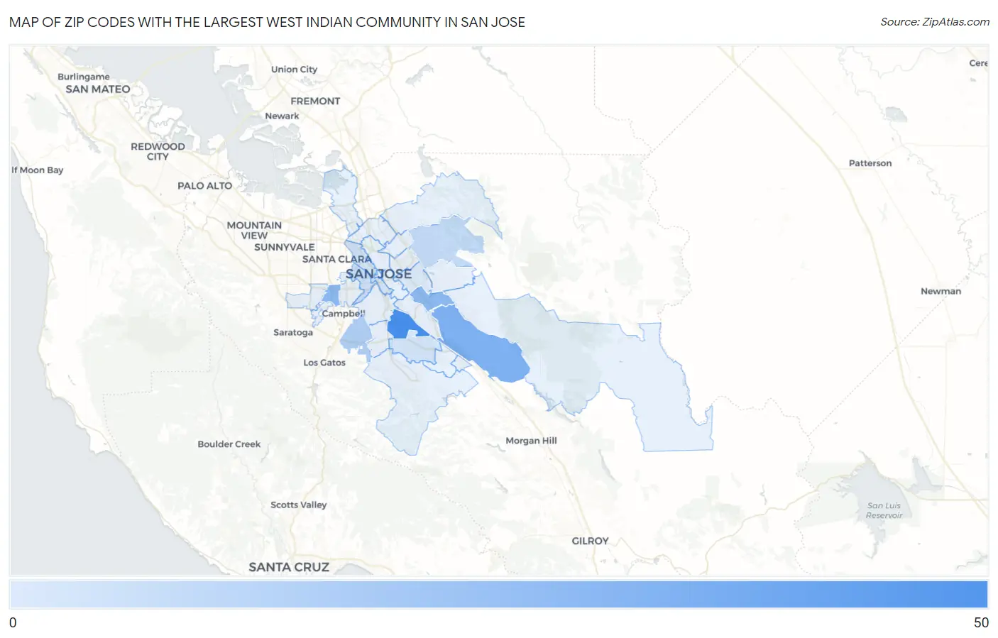Zip Codes with the Largest West Indian Community in San Jose Map