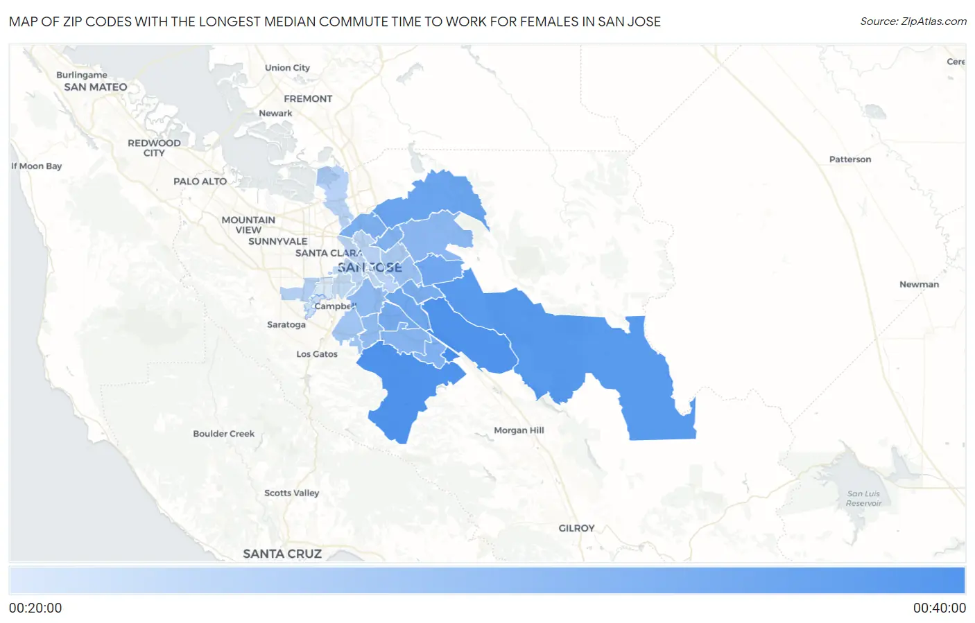 Zip Codes with the Longest Median Commute Time to Work for Females in San Jose Map
