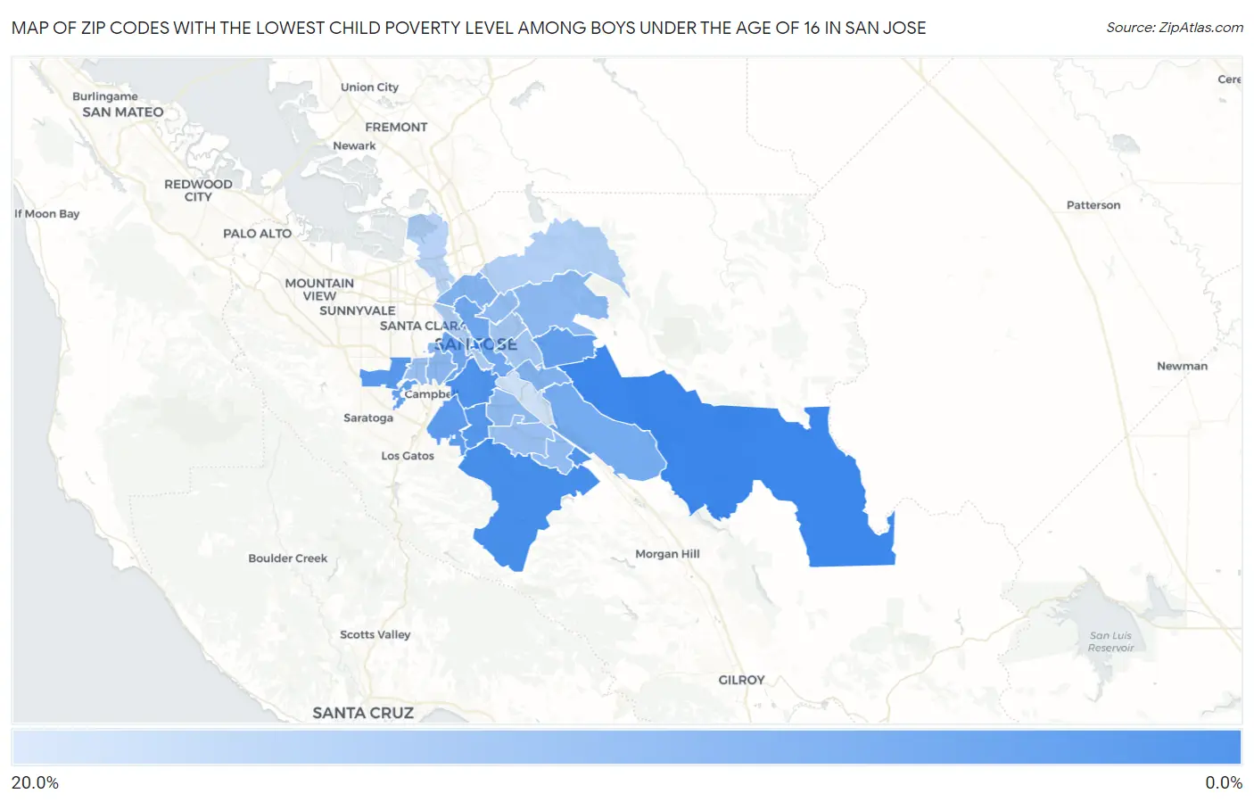 Zip Codes with the Lowest Child Poverty Level Among Boys Under the Age of 16 in San Jose Map