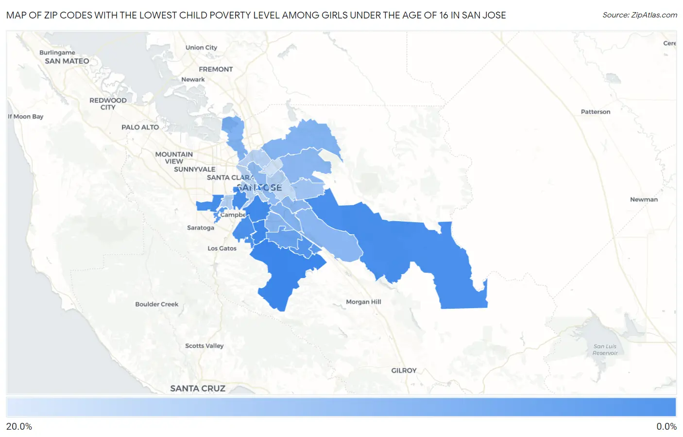 Zip Codes with the Lowest Child Poverty Level Among Girls Under the Age of 16 in San Jose Map