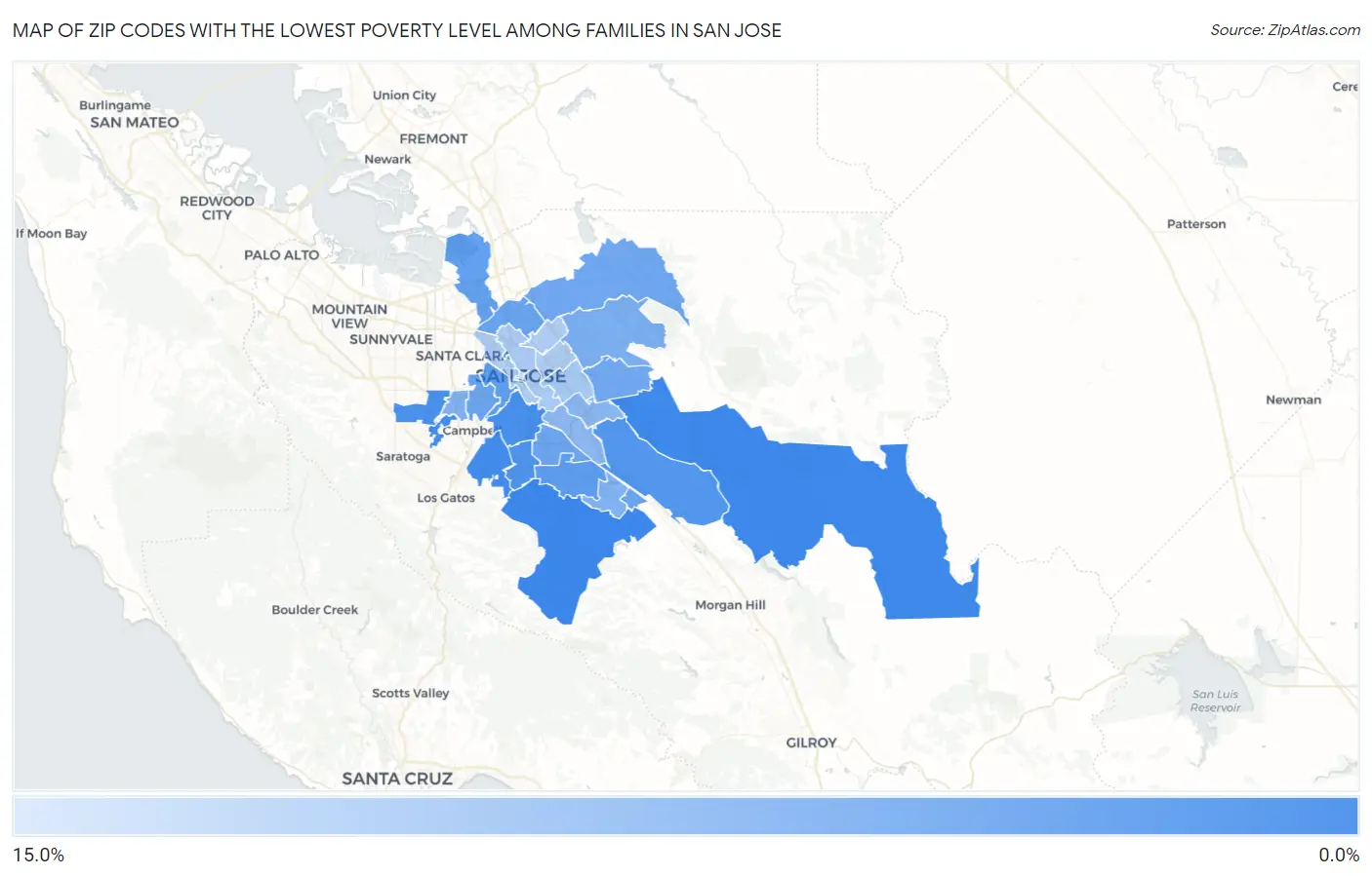 Zip Codes with the Lowest Poverty Level Among Families in San Jose Map