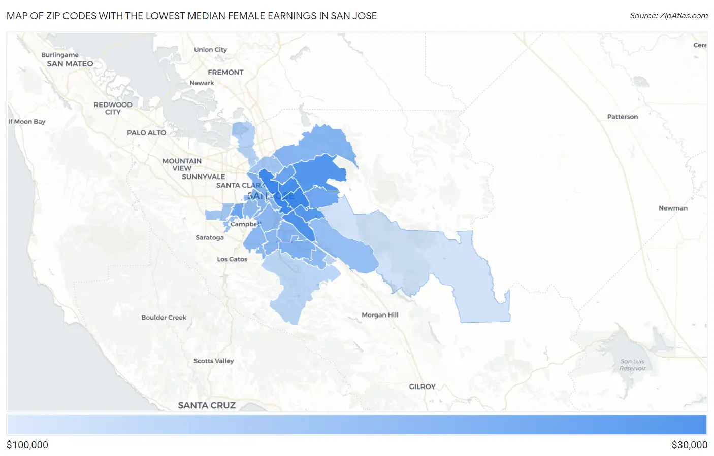Zip Codes with the Lowest Median Female Earnings in San Jose Map
