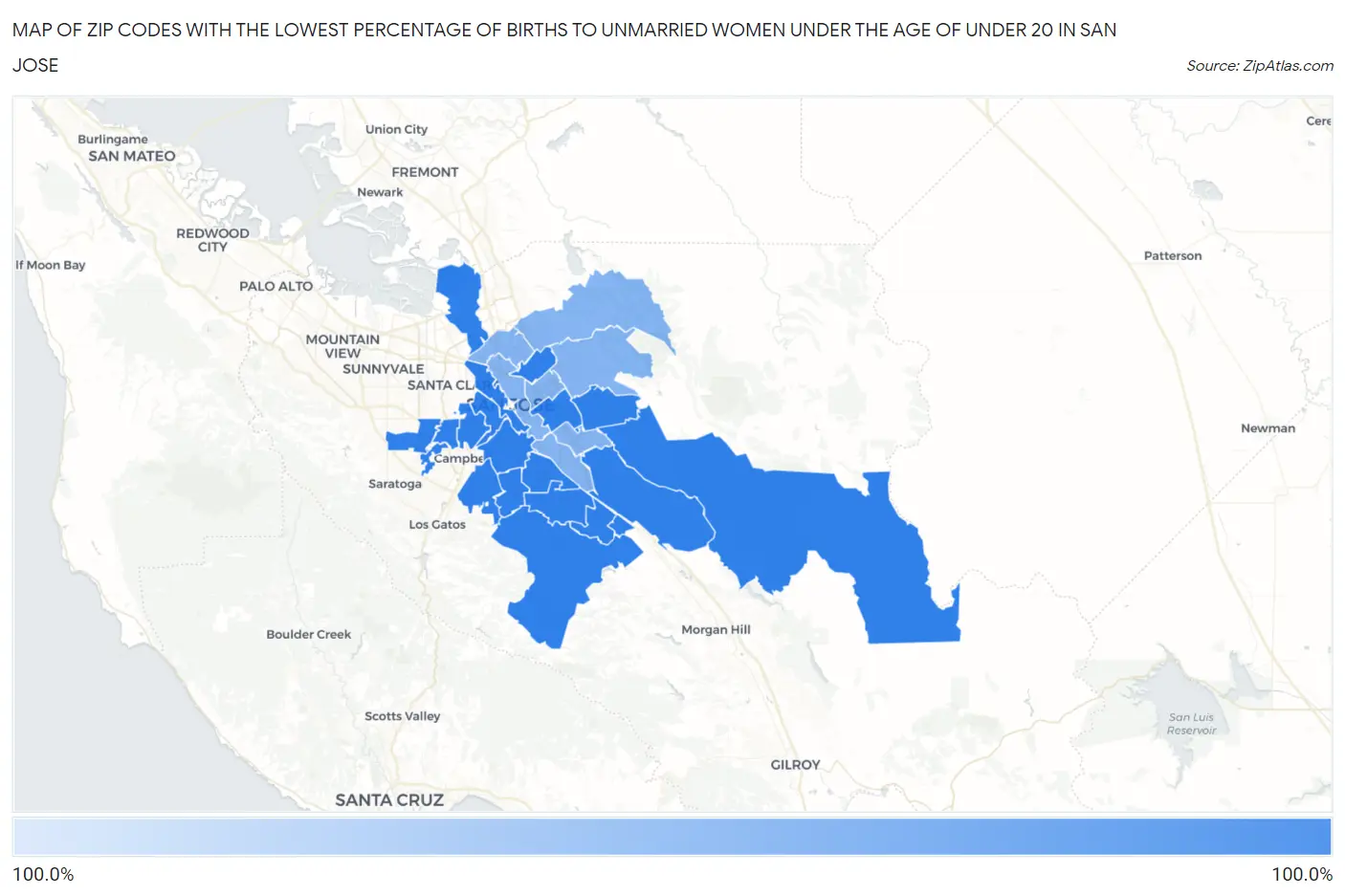 Zip Codes with the Lowest Percentage of Births to Unmarried Women under the Age of under 20 in San Jose Map