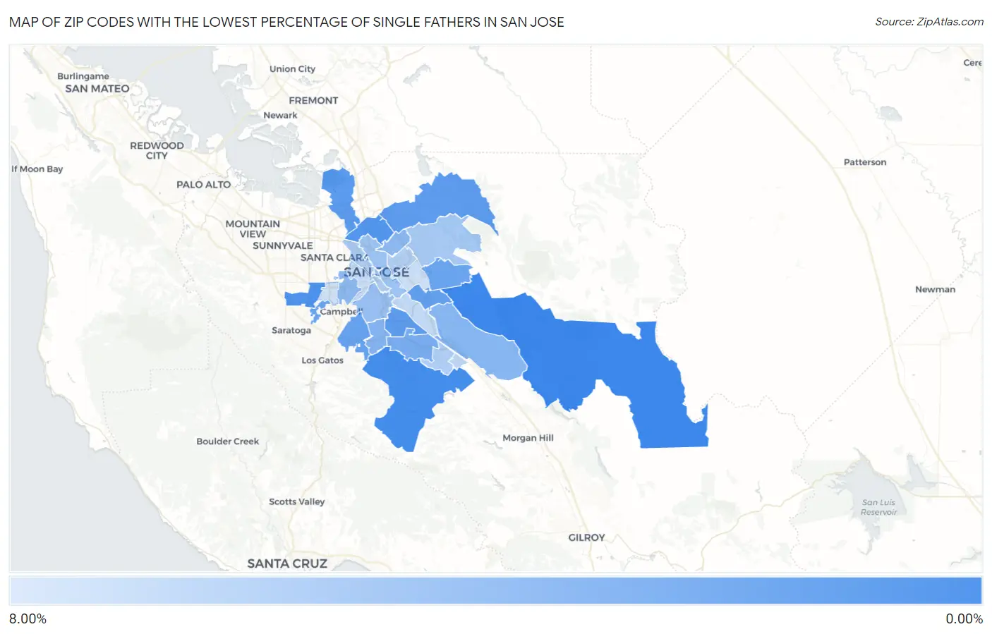 Zip Codes with the Lowest Percentage of Single Fathers in San Jose Map