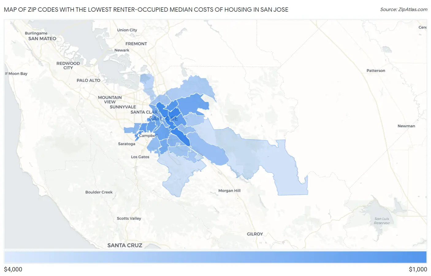 Zip Codes with the Lowest Renter-Occupied Median Costs of Housing in San Jose Map