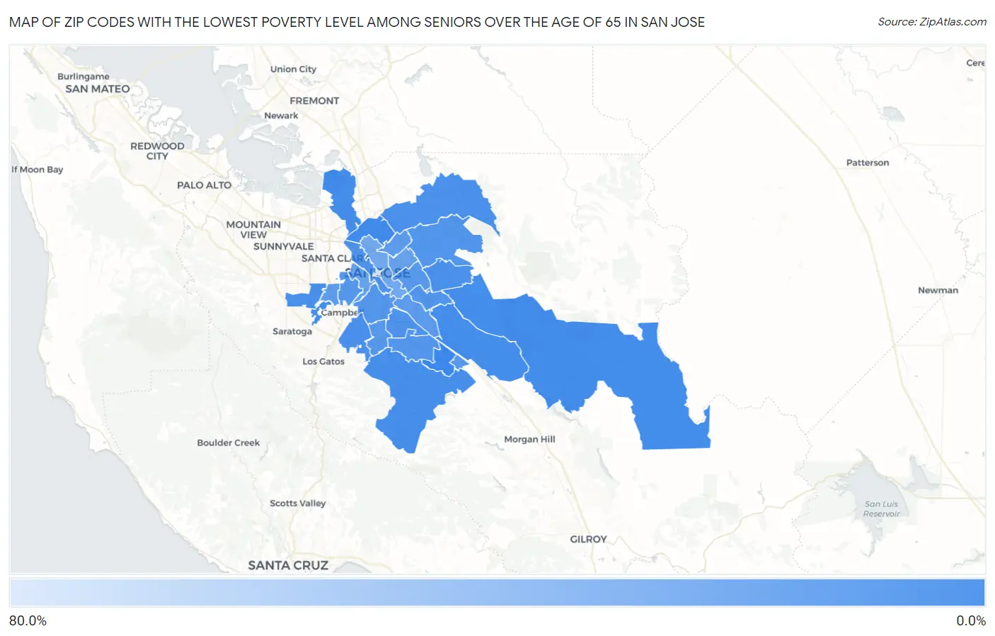 Zip Codes with the Lowest Poverty Level Among Seniors Over the Age of 65 in San Jose Map