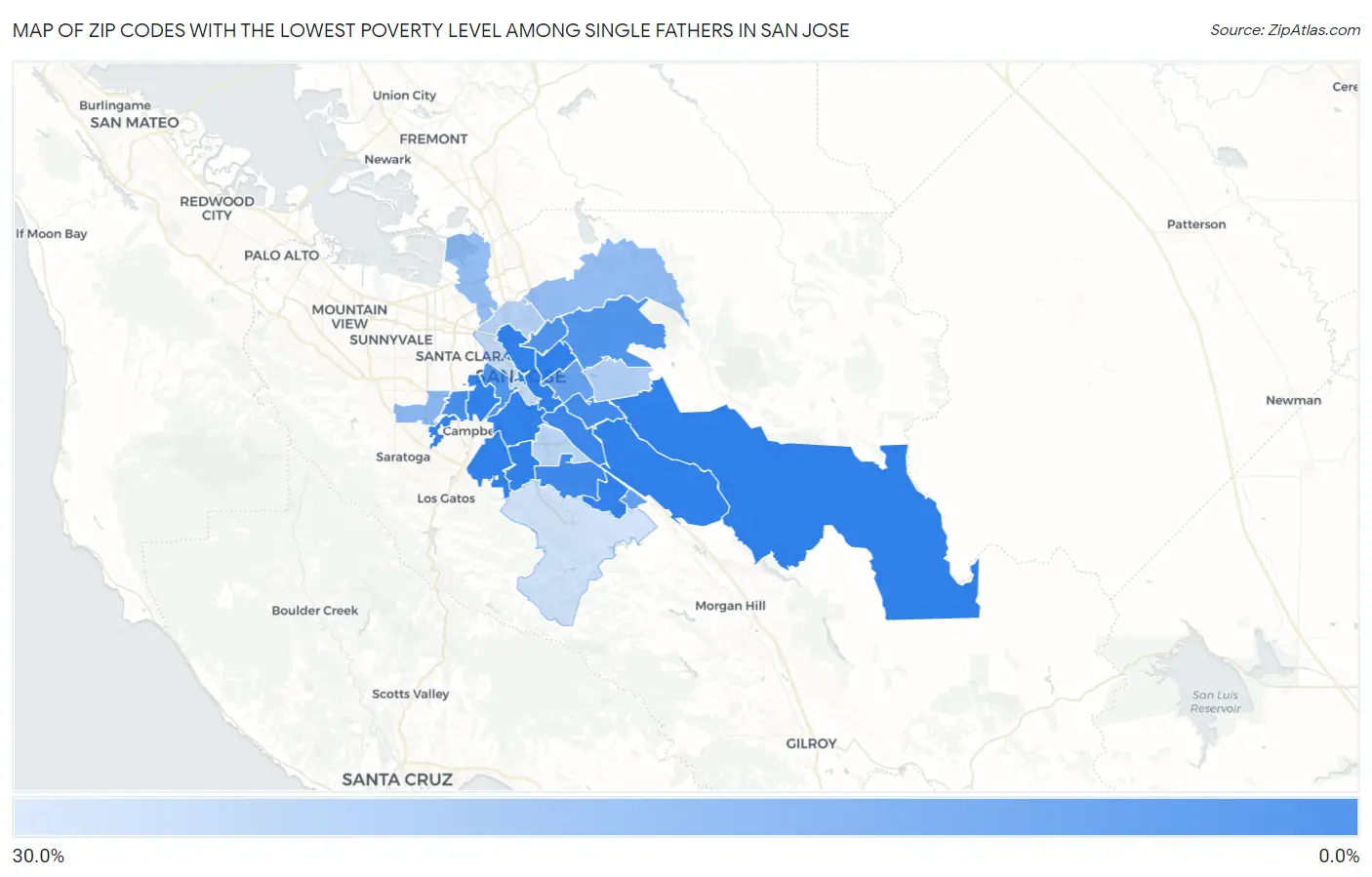 Zip Codes with the Lowest Poverty Level Among Single Fathers in San Jose Map