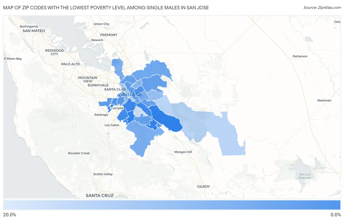 Zip Codes with the Lowest Poverty Level Among Single Males in San Jose Map