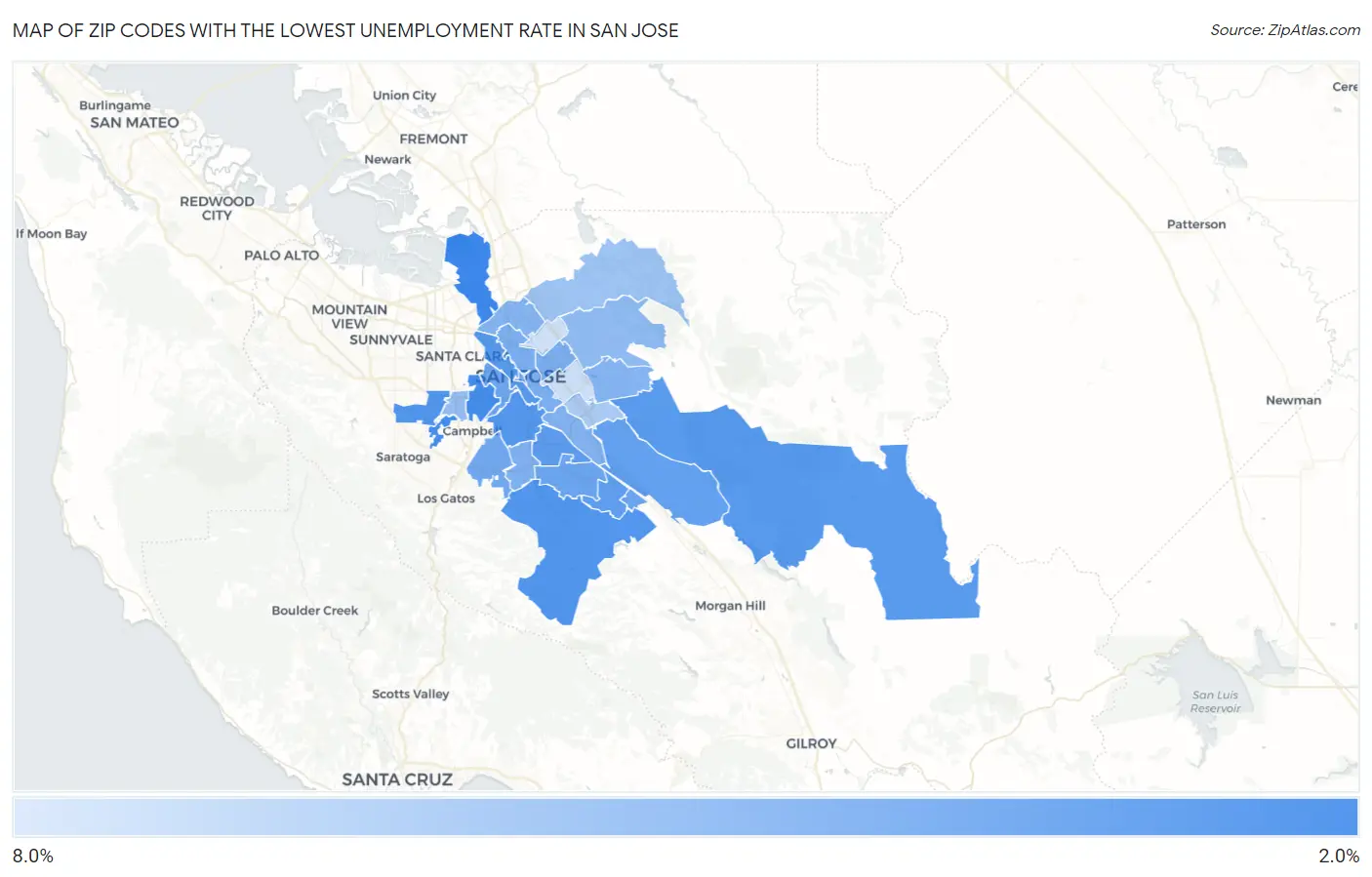 Zip Codes with the Lowest Unemployment Rate in San Jose Map
