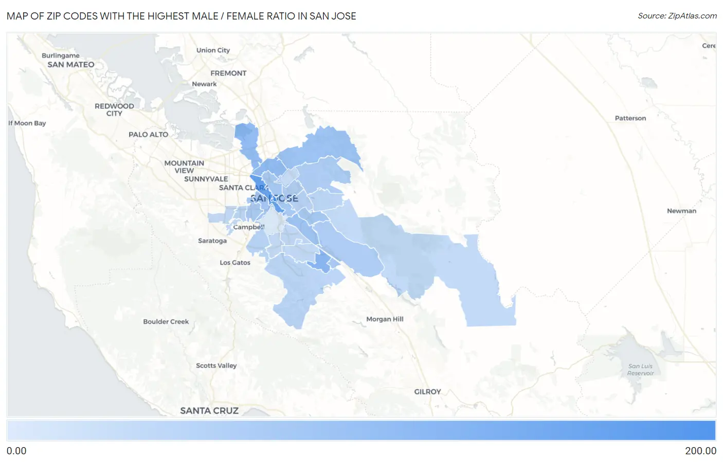 Zip Codes with the Highest Male / Female Ratio in San Jose Map
