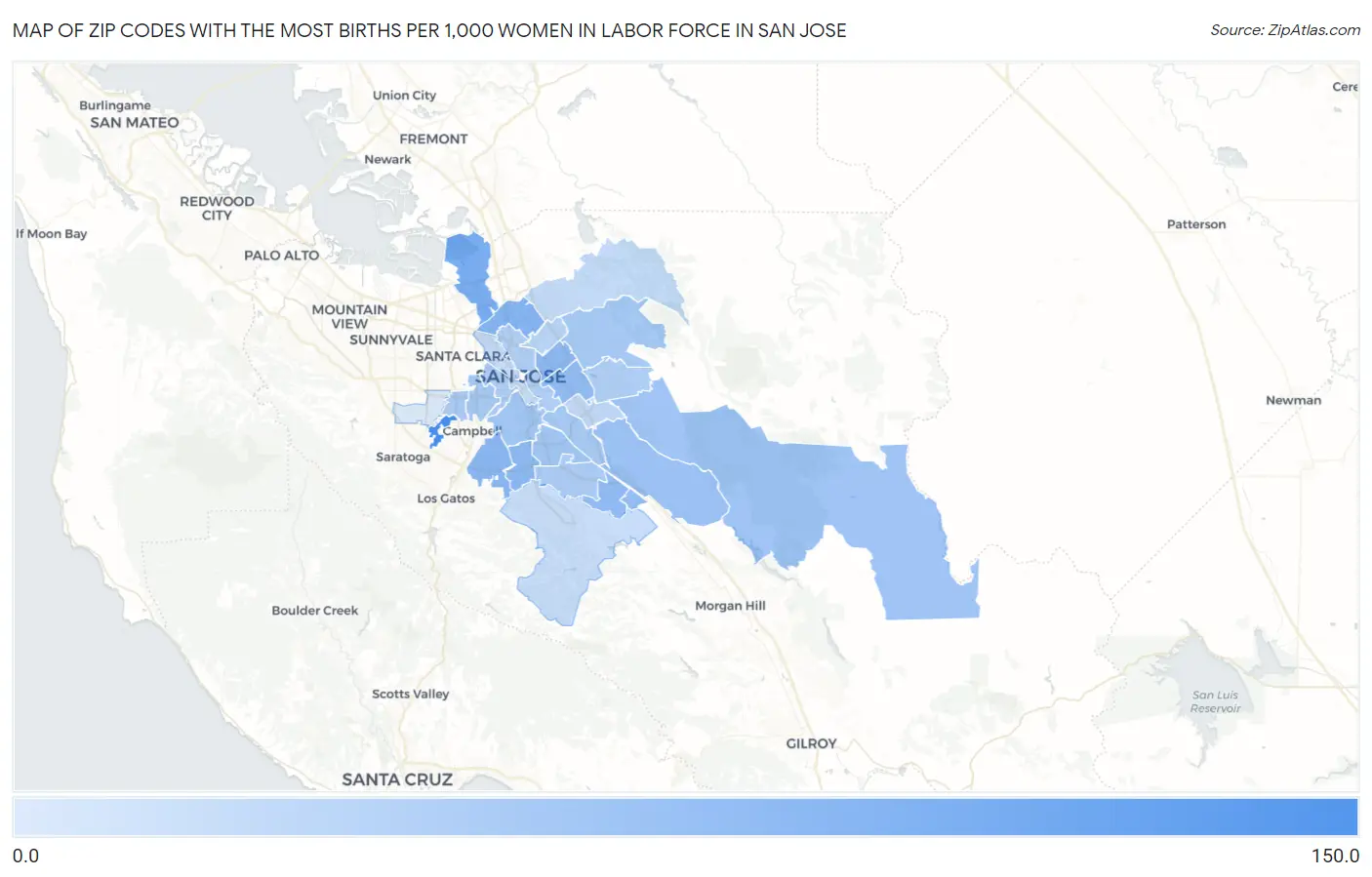 Zip Codes with the Most Births per 1,000 Women in Labor Force in San Jose Map