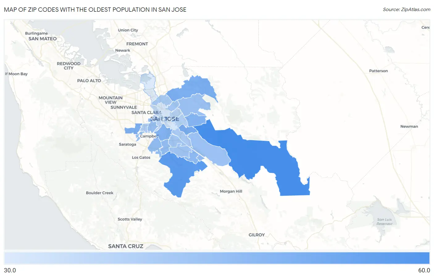 Zip Codes with the Oldest Population in San Jose Map