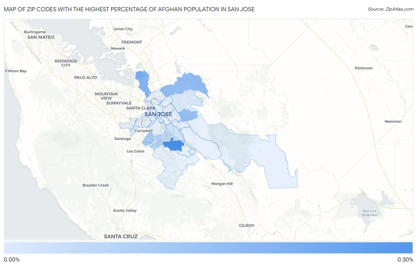 Zip Codes with the Highest Percentage of Afghan Population in San Jose Map