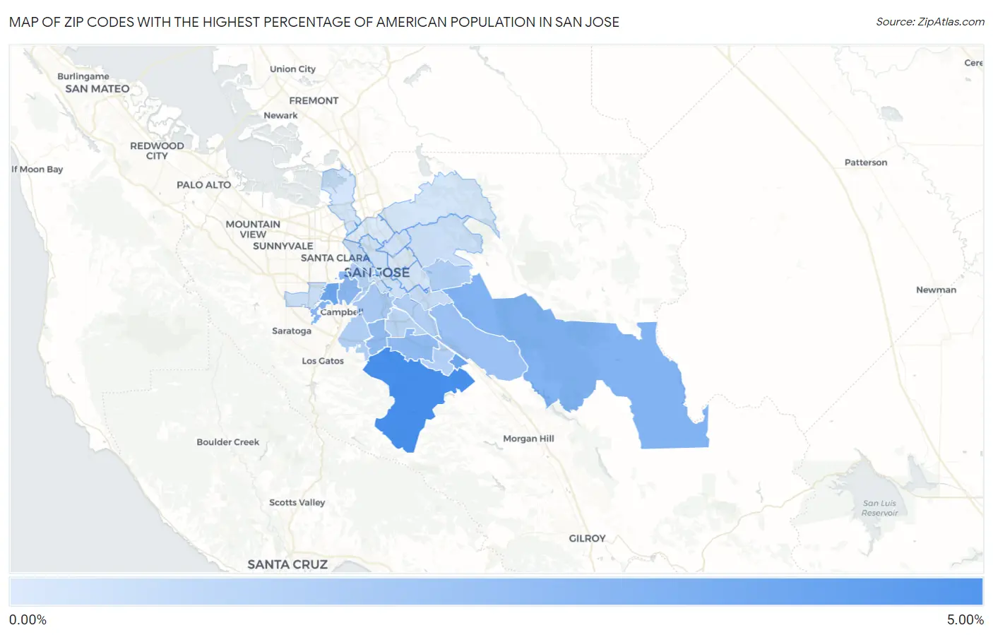 Zip Codes with the Highest Percentage of American Population in San Jose Map