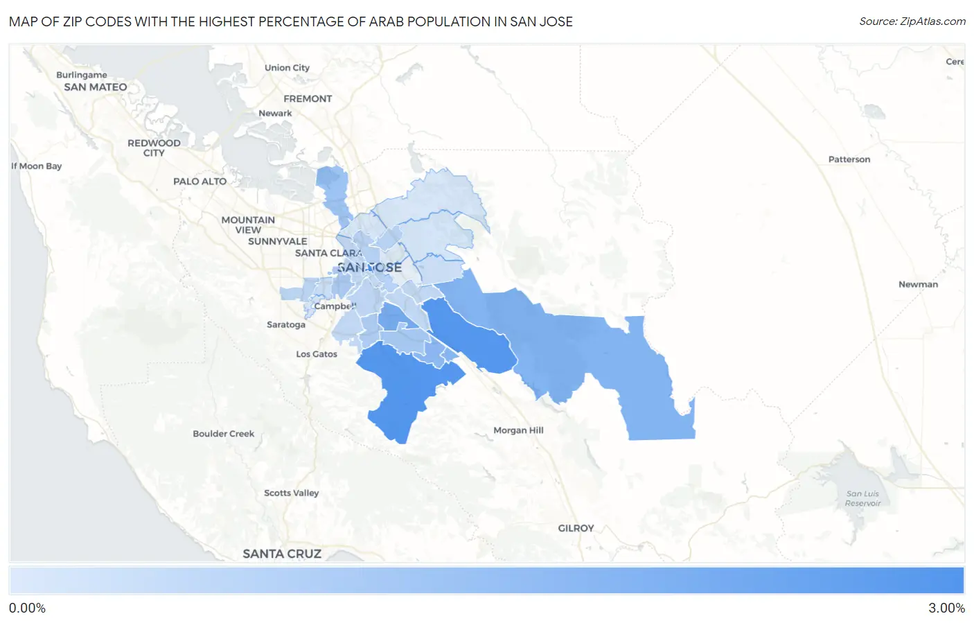 Zip Codes with the Highest Percentage of Arab Population in San Jose Map