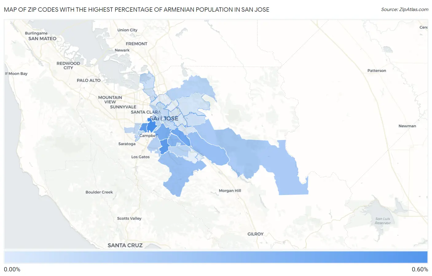 Zip Codes with the Highest Percentage of Armenian Population in San Jose Map