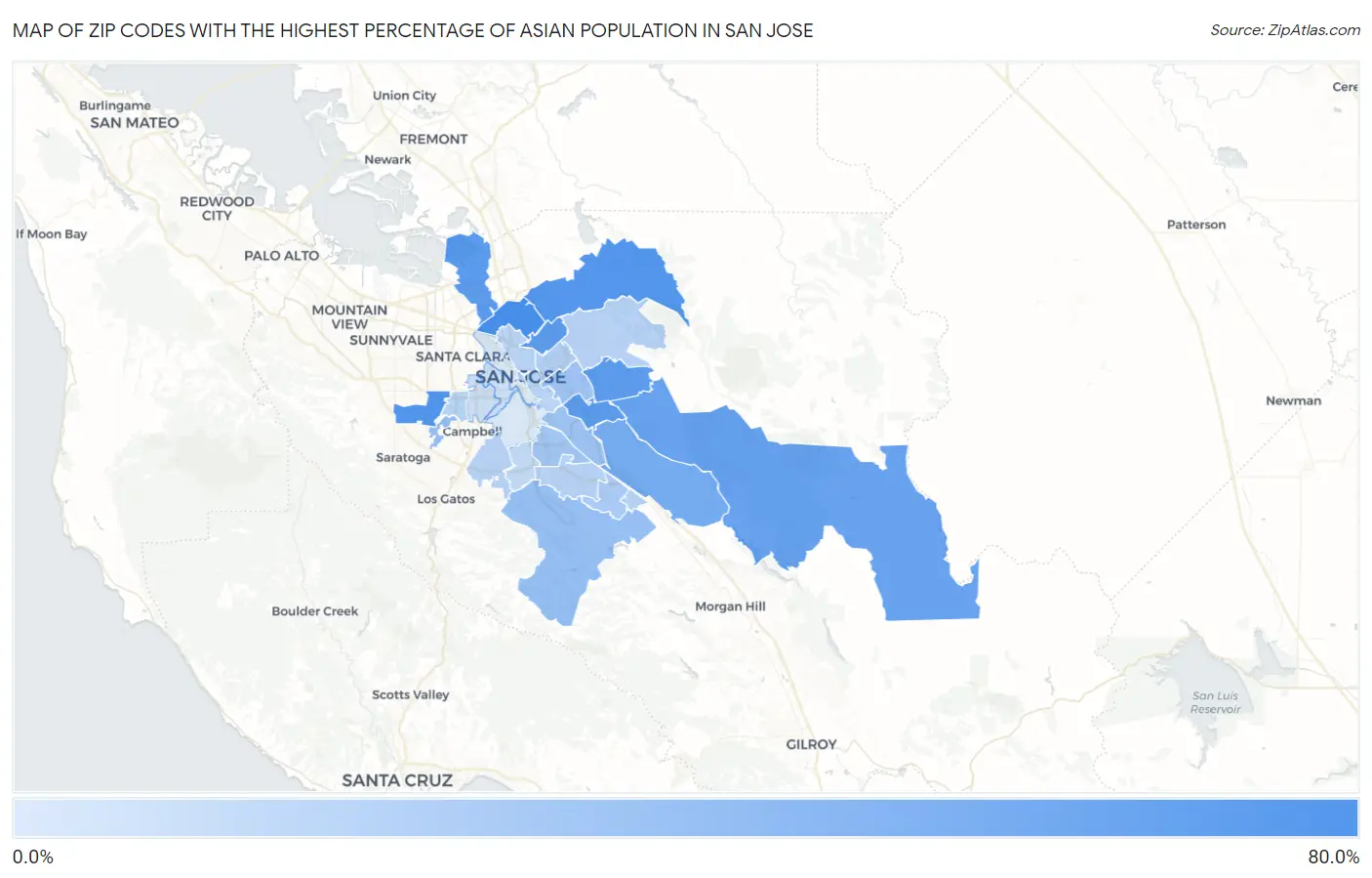 Zip Codes with the Highest Percentage of Asian Population in San Jose Map
