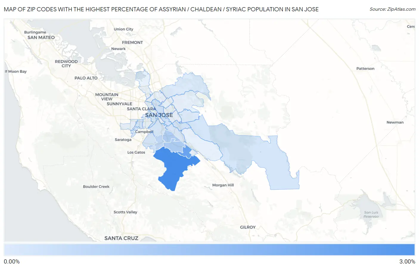 Zip Codes with the Highest Percentage of Assyrian / Chaldean / Syriac Population in San Jose Map