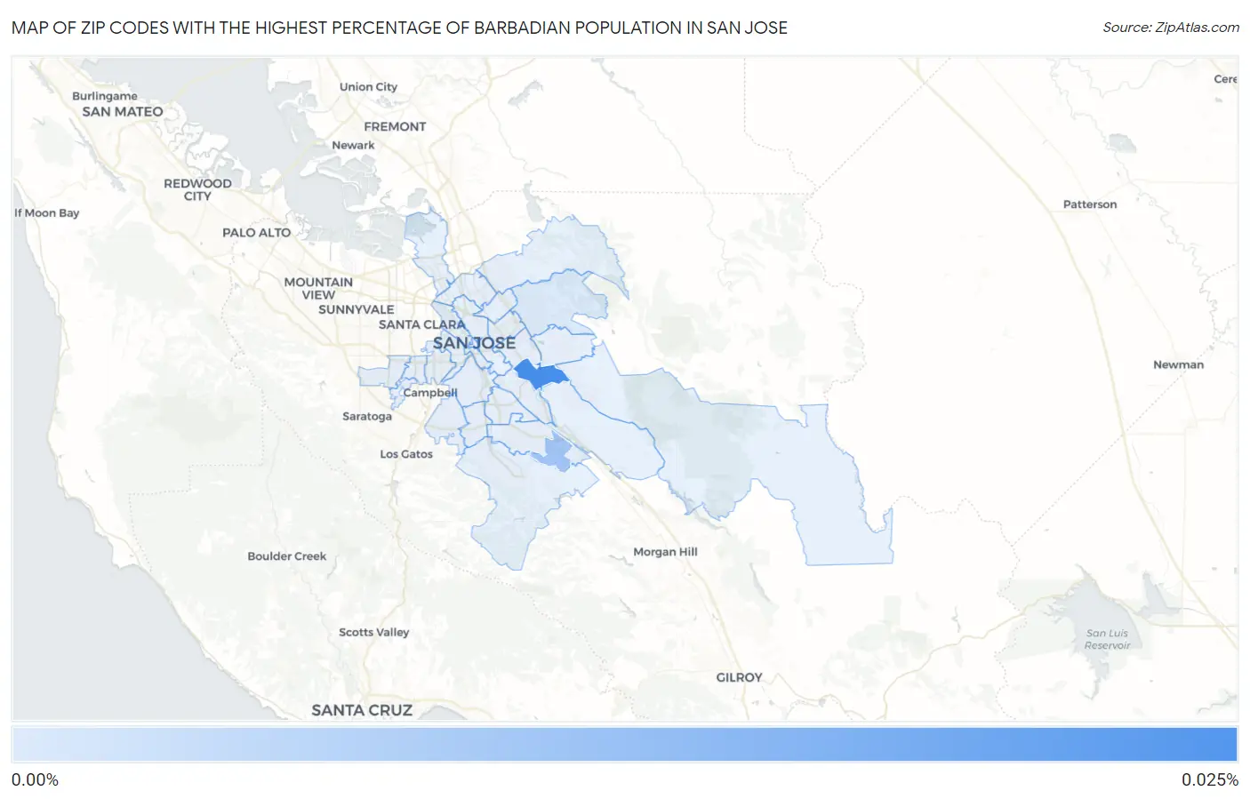 Zip Codes with the Highest Percentage of Barbadian Population in San Jose Map