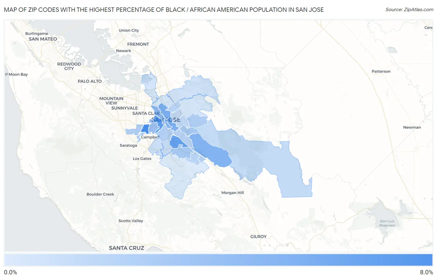 Zip Codes with the Highest Percentage of Black / African American Population in San Jose Map