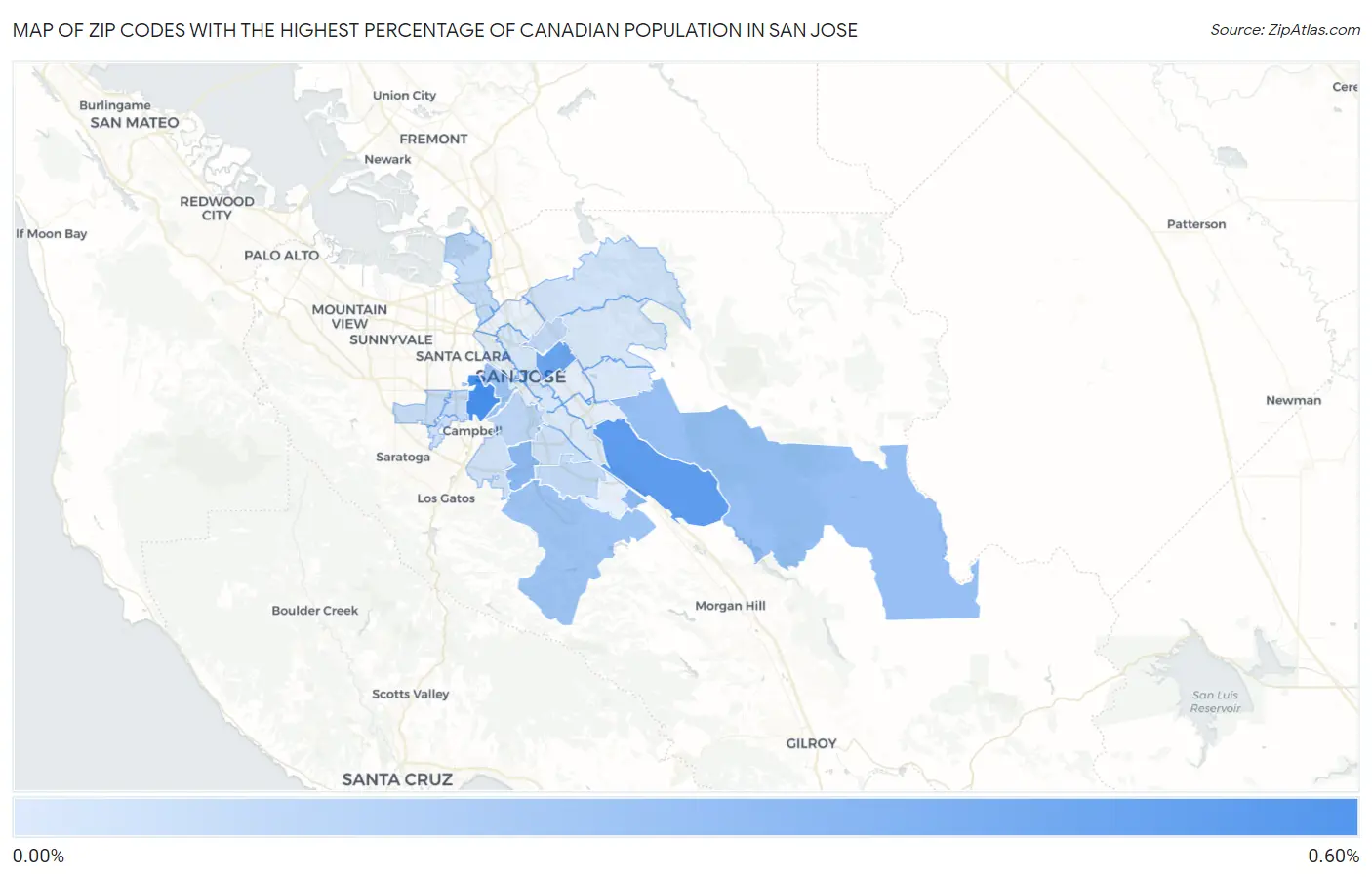 Zip Codes with the Highest Percentage of Canadian Population in San Jose Map