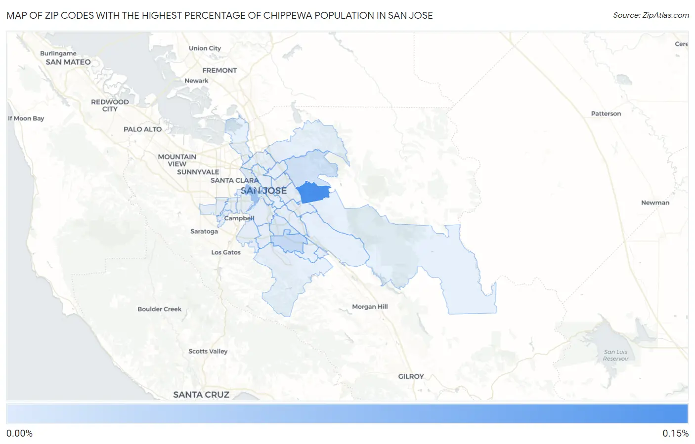 Zip Codes with the Highest Percentage of Chippewa Population in San Jose Map