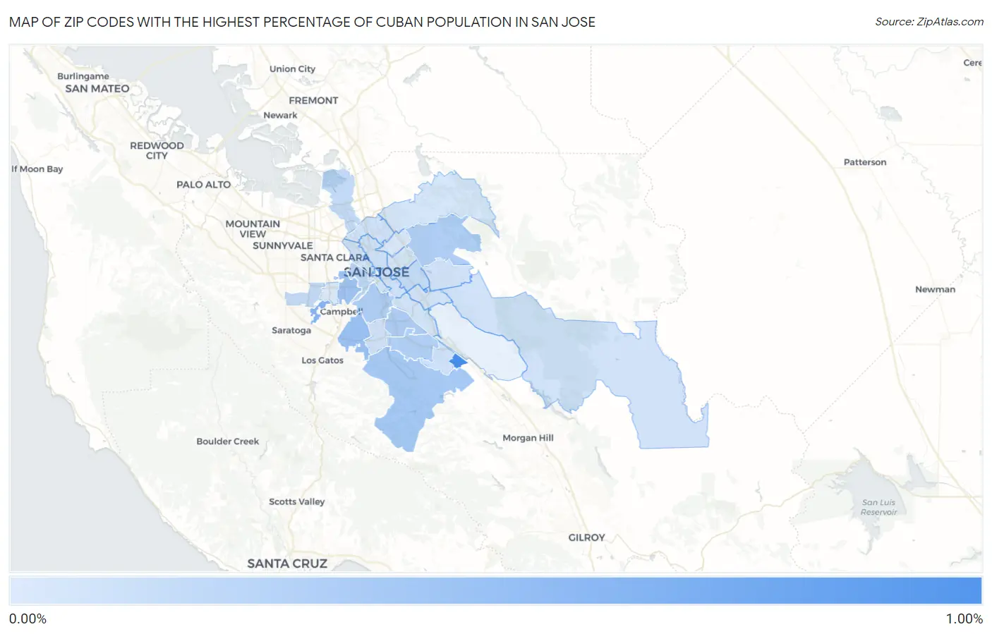 Zip Codes with the Highest Percentage of Cuban Population in San Jose Map