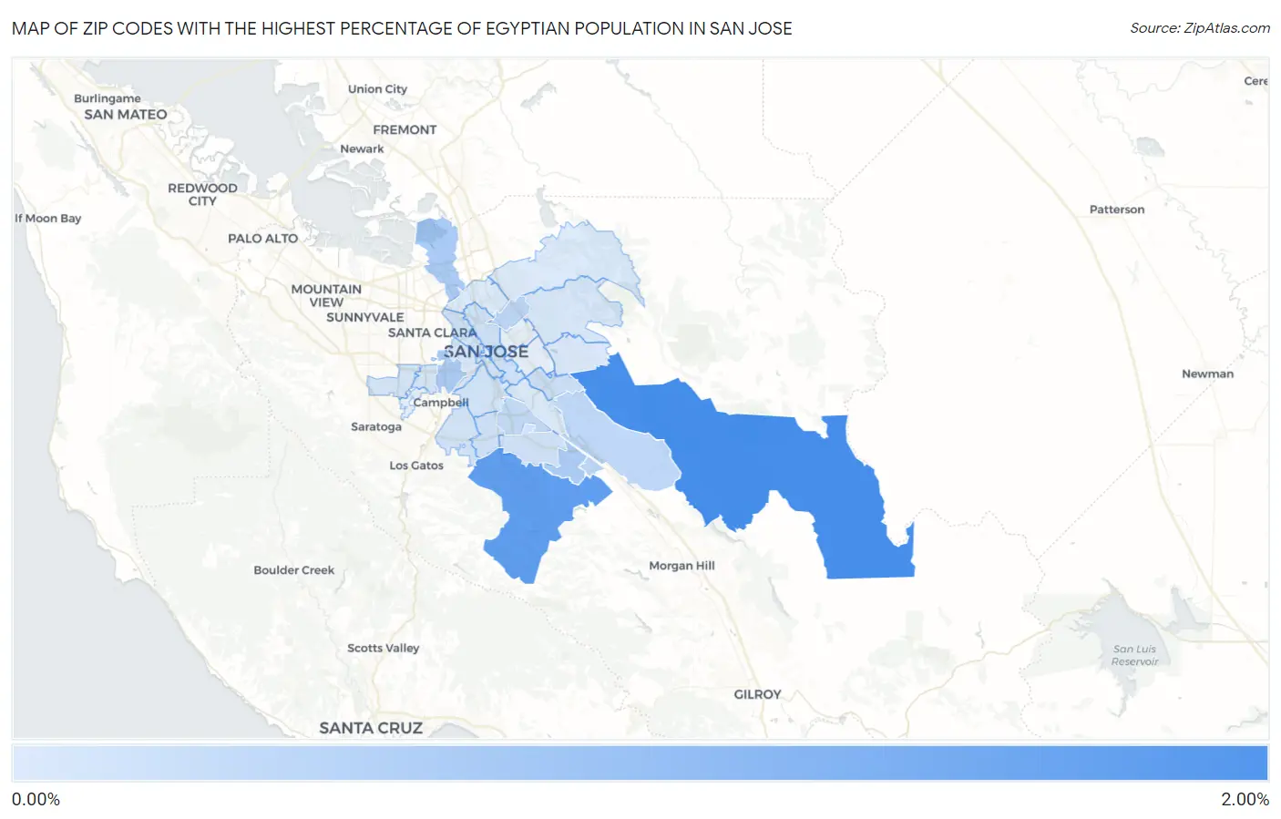 Zip Codes with the Highest Percentage of Egyptian Population in San Jose Map