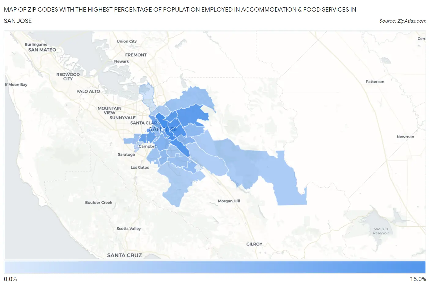 Zip Codes with the Highest Percentage of Population Employed in Accommodation & Food Services in San Jose Map