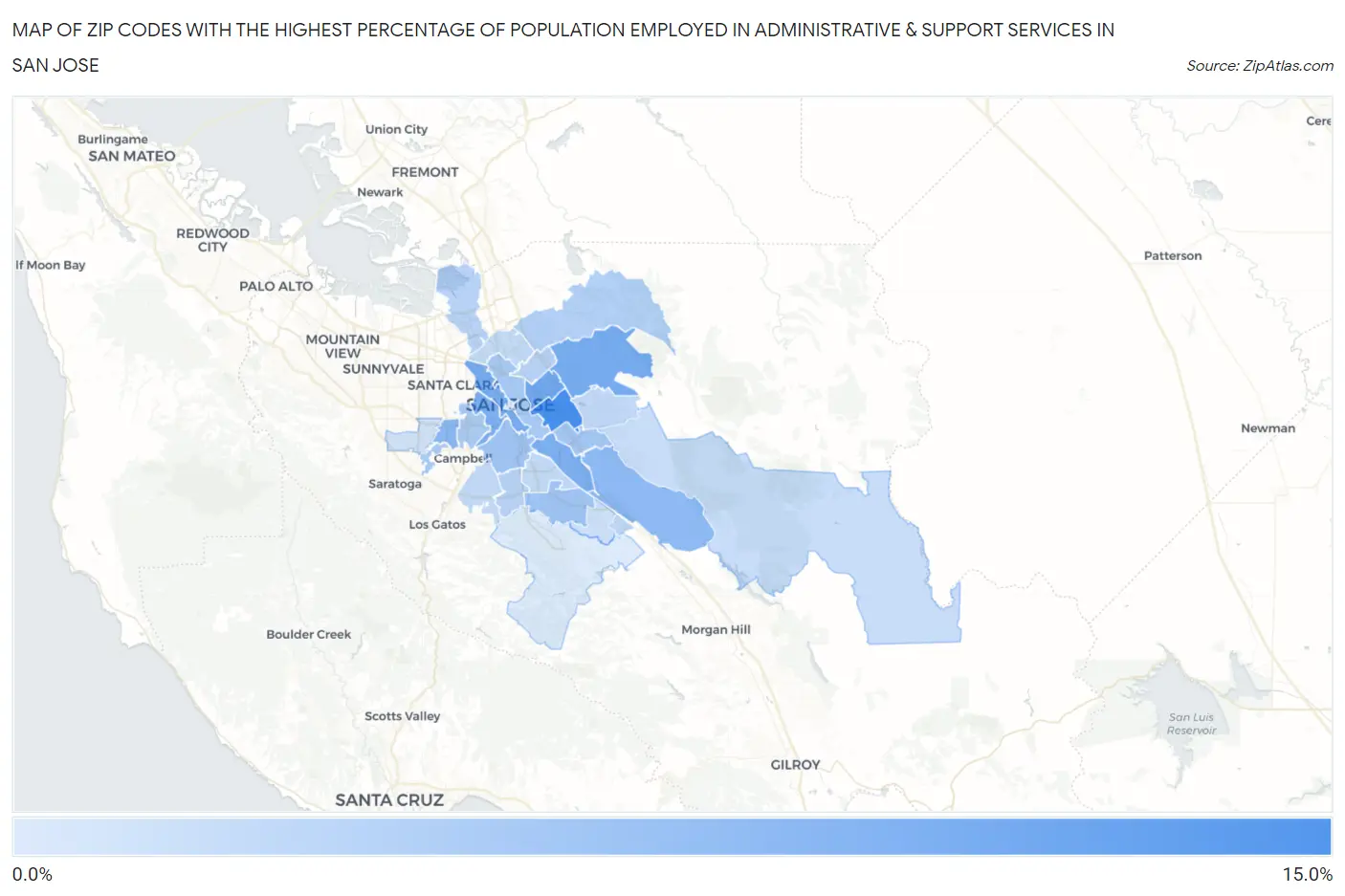 Zip Codes with the Highest Percentage of Population Employed in Administrative & Support Services in San Jose Map