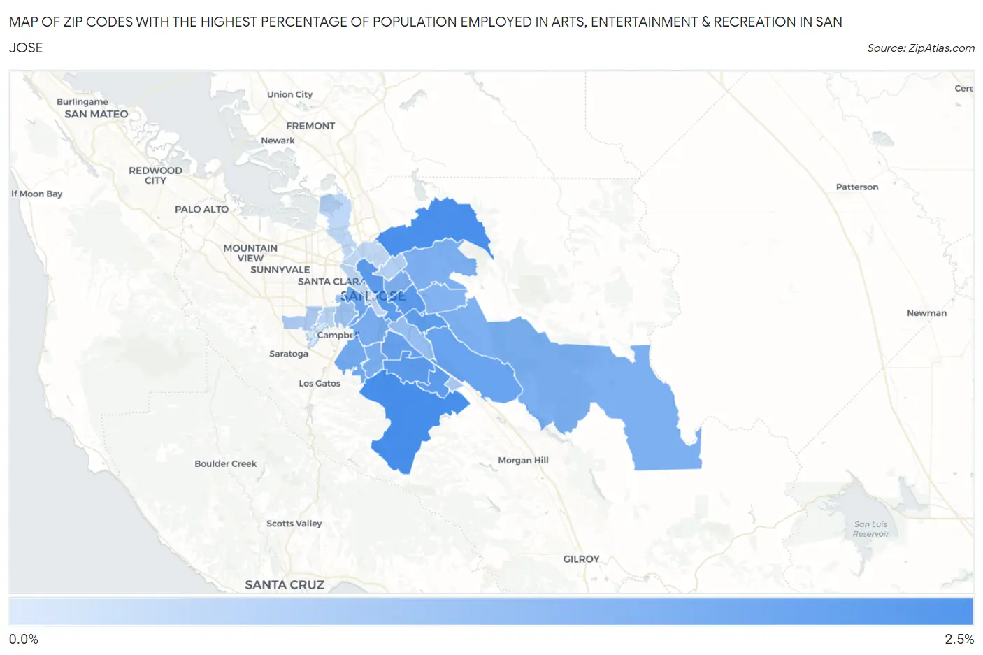 Zip Codes with the Highest Percentage of Population Employed in Arts, Entertainment & Recreation in San Jose Map