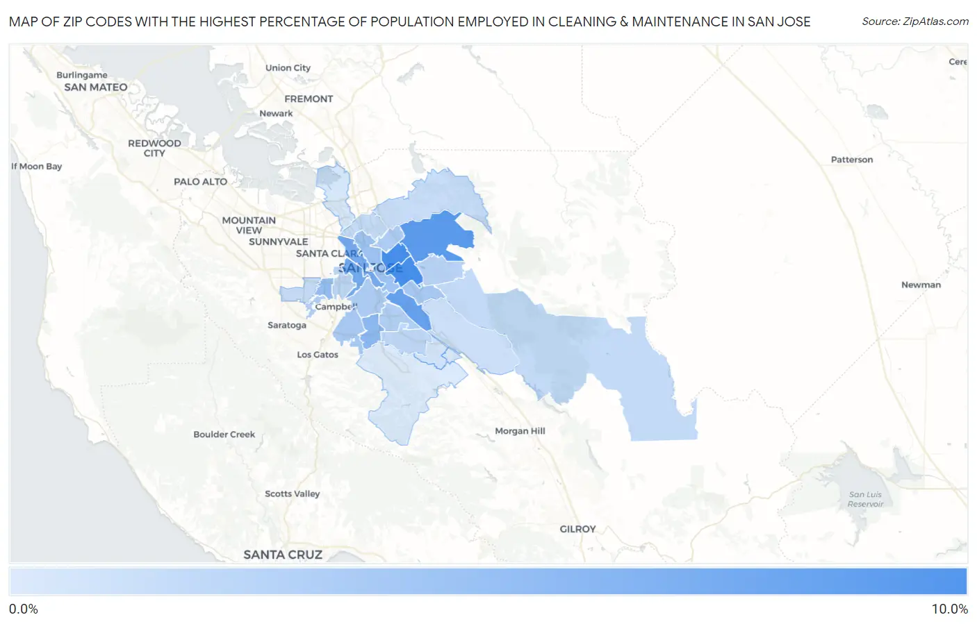 Zip Codes with the Highest Percentage of Population Employed in Cleaning & Maintenance in San Jose Map