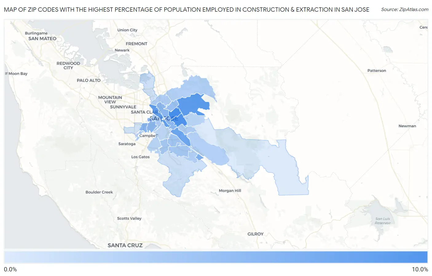 Zip Codes with the Highest Percentage of Population Employed in Construction & Extraction in San Jose Map