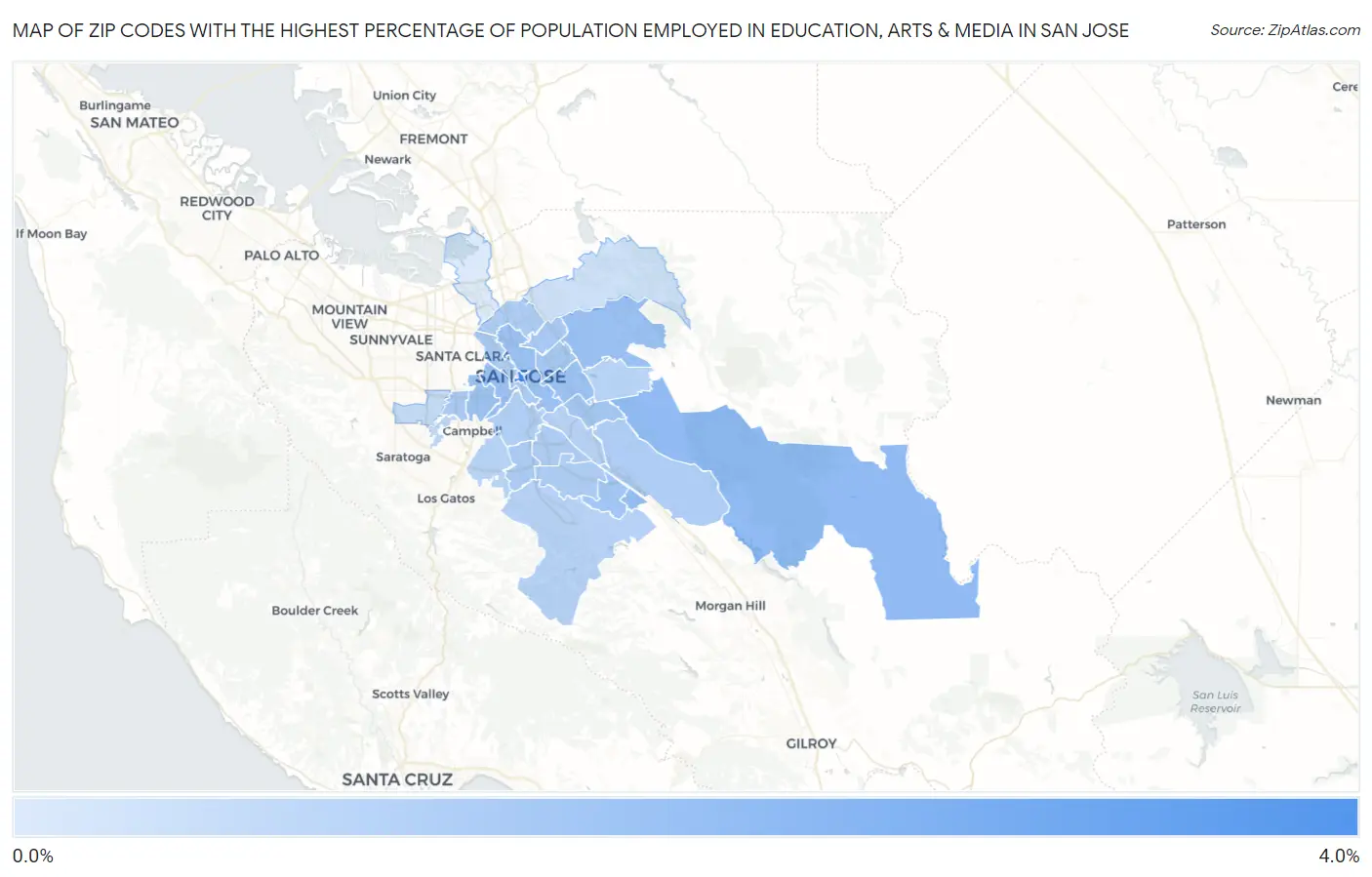 Zip Codes with the Highest Percentage of Population Employed in Education, Arts & Media in San Jose Map