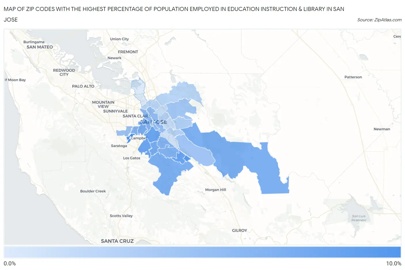 Zip Codes with the Highest Percentage of Population Employed in Education Instruction & Library in San Jose Map