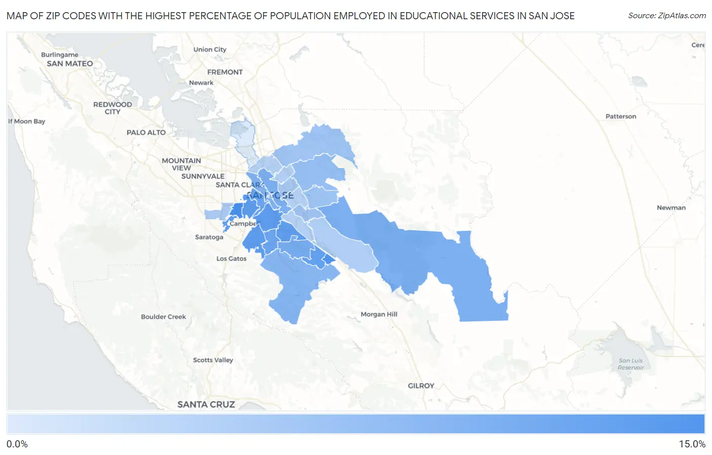 Zip Codes with the Highest Percentage of Population Employed in Educational Services in San Jose Map