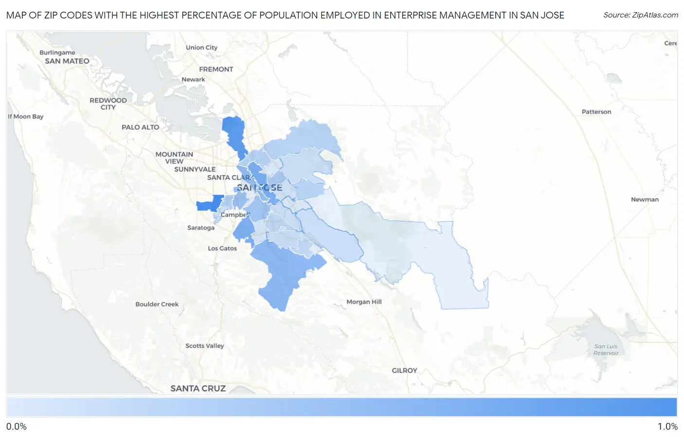 Zip Codes with the Highest Percentage of Population Employed in Enterprise Management in San Jose Map