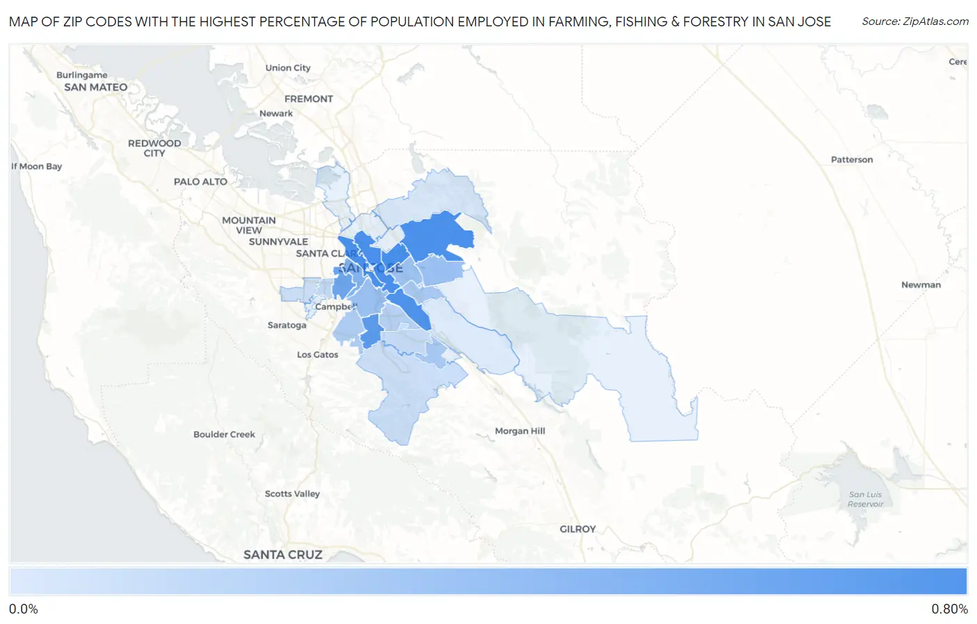 Zip Codes with the Highest Percentage of Population Employed in Farming, Fishing & Forestry in San Jose Map