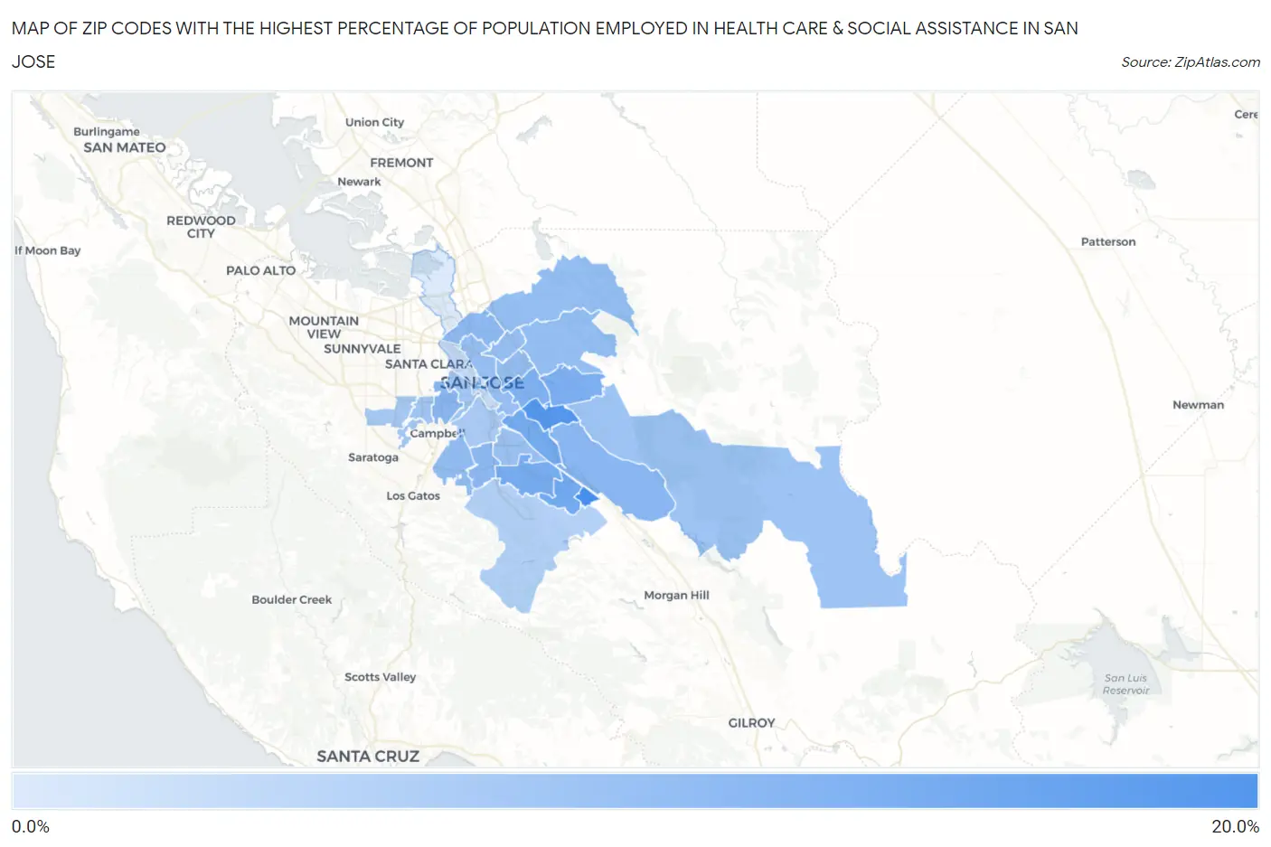 Zip Codes with the Highest Percentage of Population Employed in Health Care & Social Assistance in San Jose Map