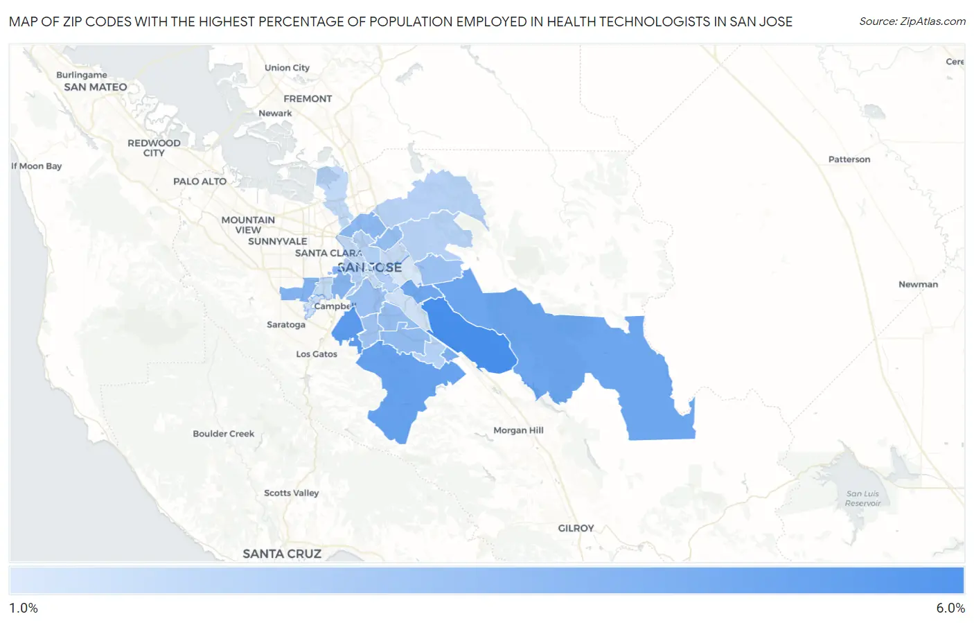 Zip Codes with the Highest Percentage of Population Employed in Health Technologists in San Jose Map