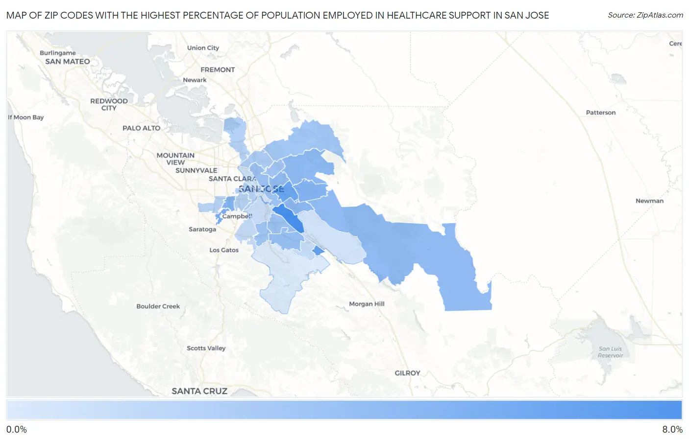 Zip Codes with the Highest Percentage of Population Employed in Healthcare Support in San Jose Map