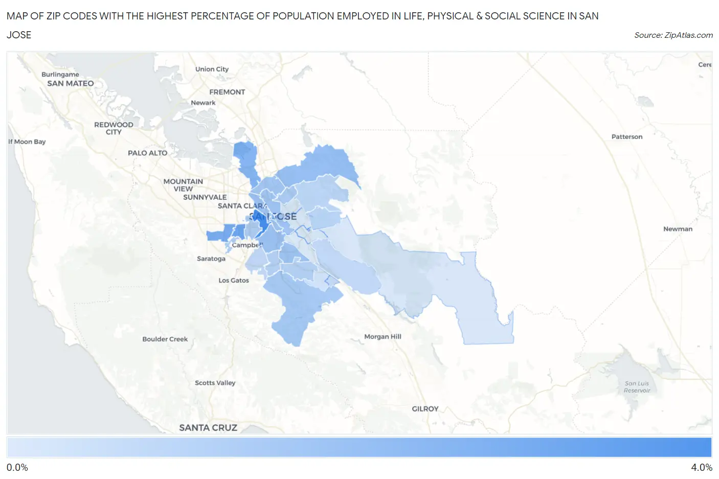 Zip Codes with the Highest Percentage of Population Employed in Life, Physical & Social Science in San Jose Map