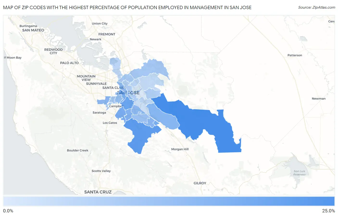 Zip Codes with the Highest Percentage of Population Employed in Management in San Jose Map