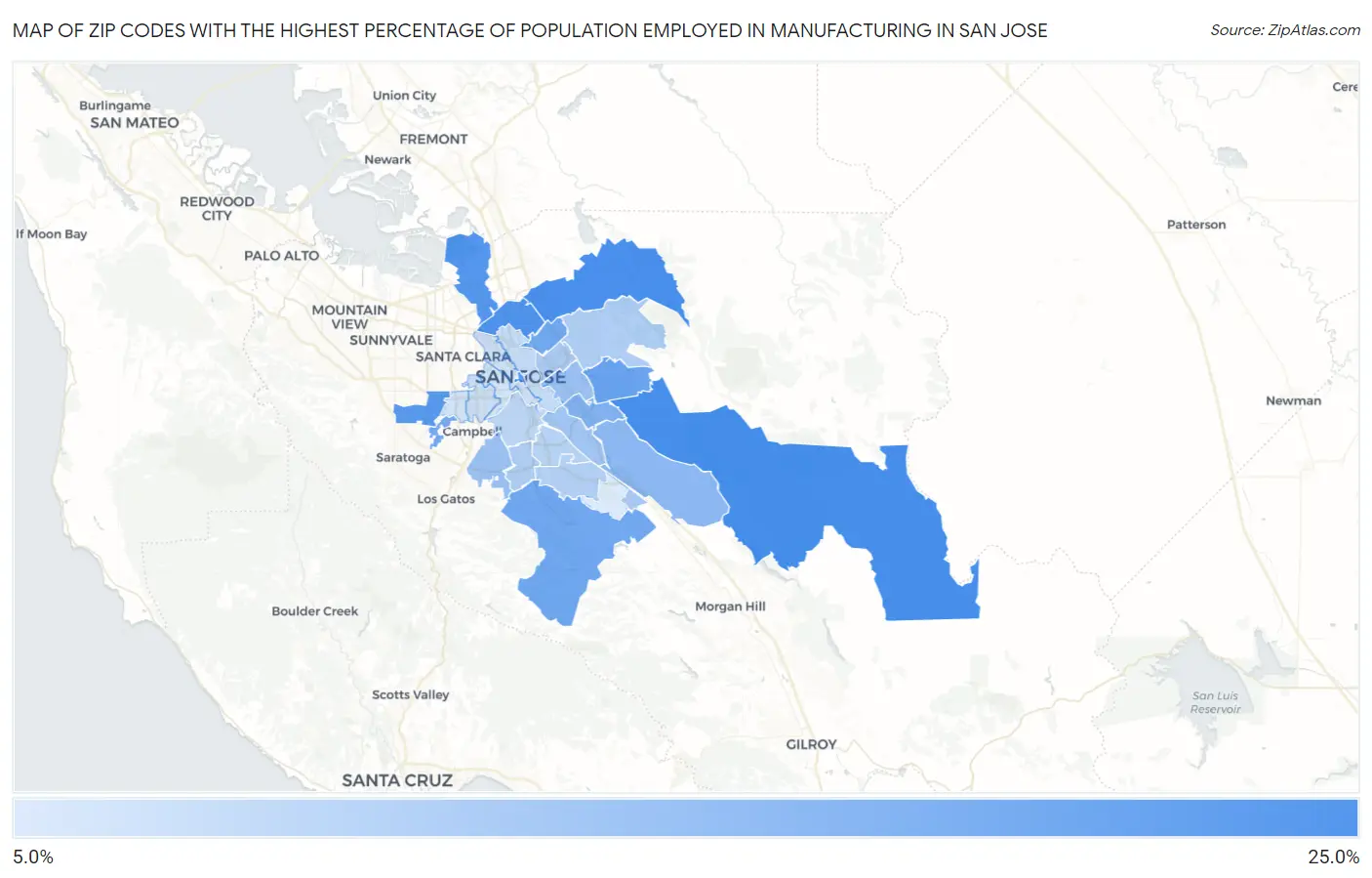 Zip Codes with the Highest Percentage of Population Employed in Manufacturing in San Jose Map